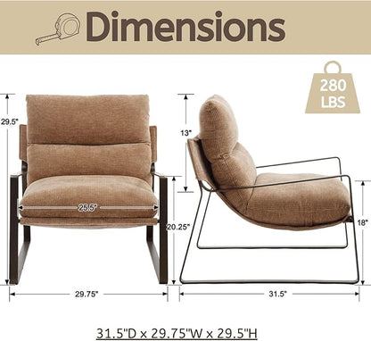 LukeAlon Modern Chenille Accent Armchair, Upholstered Lounge Chair with Brass Metal Frame Thickened Cushion Single Sofa Chair Comfy Leisure Side Chair with Armrest for Bedroom Living Room, Khaki