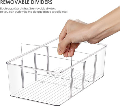Vtopmart 4 Pack Food Storage Organizer Bins, Clear Plastic Bins for Pantry, Kitchen, Fridge, Cabinet Organization and Storage, 4 Compartment Holder Packets, Snacks, Pouches, Spice Packets