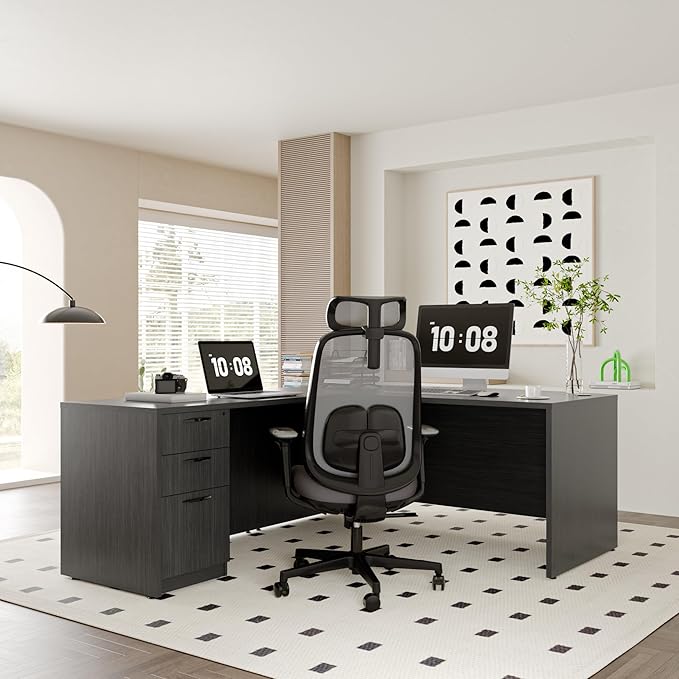 82.67" x 66.93" Bow Front L-Shaped Executive Desk with 3-Drawer File Cabinet (Gray)