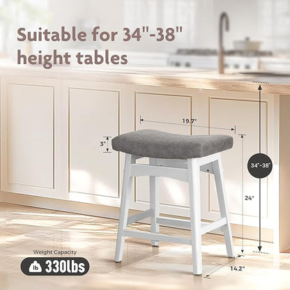 ALPHA HOME Bar Stools Set of 1, Solid Wood Saddle Kitchen Stools with Grey PU Leather Cushion Counter Height Barstools with Wooden Base for Kitchen Dining Cafe, 24 Inch, Grey, 1PCS