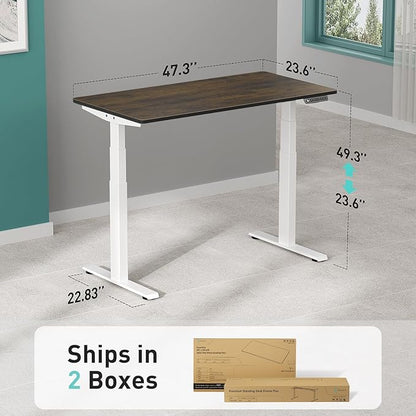 3 Stages Dual Motor Electric Standing Desk with One Piece Desktop, 48 x 24 Inch Adjustable Height Sit to Stand Up Desk for Home Office, Work & Study, White Frame & Brown Desktop (2 Packages)