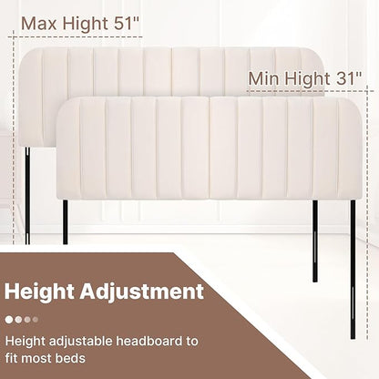Upholstered Headboard - Striped Interval - Adjustable Height - Metal Legs - Bed Frame (Beige, King (U.S. Standard))