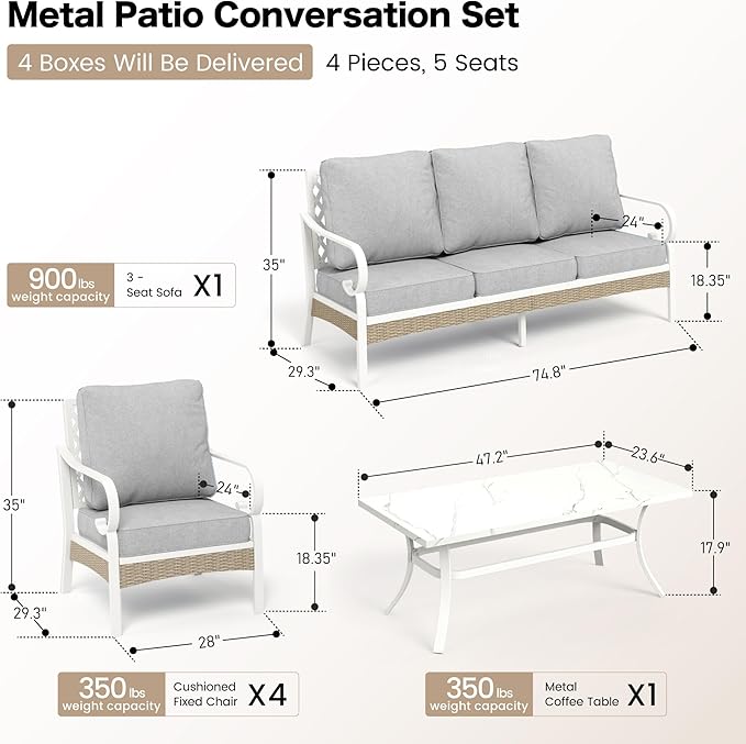 6 Piece Metal Outdoor Patio Furniture Set, Patio Conversation Sets 1 3-Seater Sofa, 4 Single Sofa with 5.75" Extra Thick Cushion and Coffee Table, White Frame Backyard Furniture, Gray