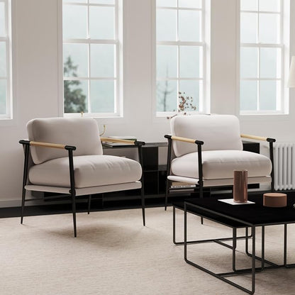 Mid-Century Accent Chair Set of 2, Soft Armchair Chenille Fabric Lounge Chair with Black Metal Legs, Upholstered Leisure Chair for Living Room Bedroom Reception Room, Beige
