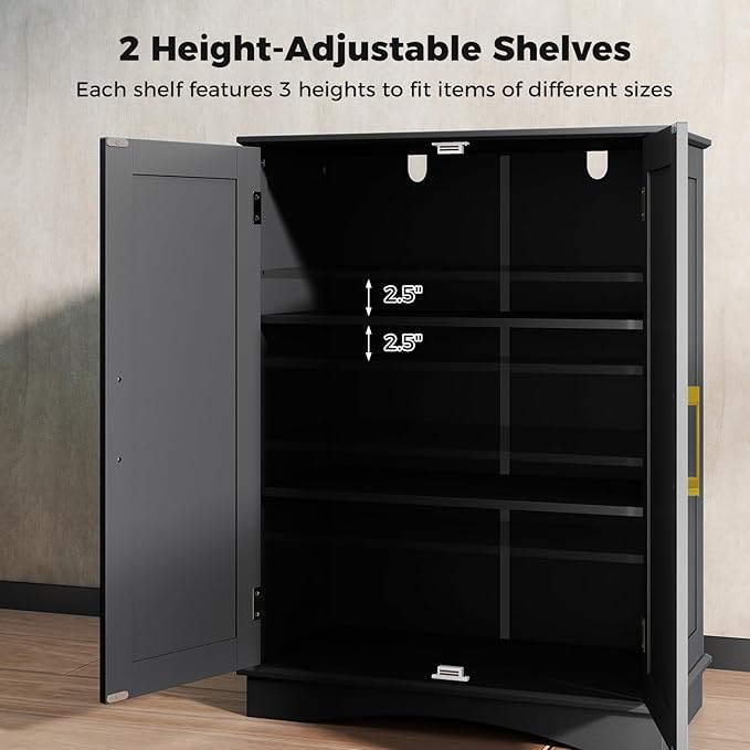 Tangkula Bathroom Floor Storage Cabinet, 31.5" H Freestanding Pantry Cabinet with 2 Doors and Adjustable Shelves, Kitchen Cupboard for Living Room, Dining Room, Bathroom (Black, 31.5" H)