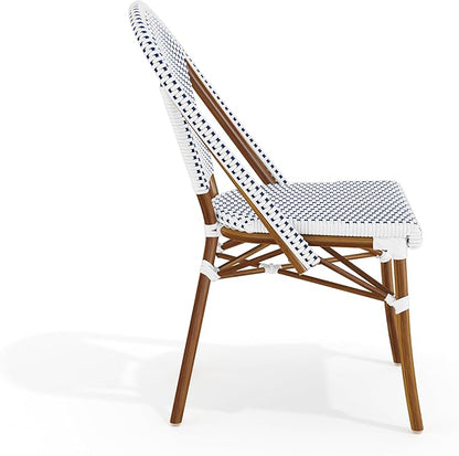 Martha Stewart Lily Pond Indoor-Outdoor Stackable Bistro Chairs with Natural Woodgrain Aluminum Frame Finish, White/Navy Woven Rattan Backrests/Seats, Set of 2