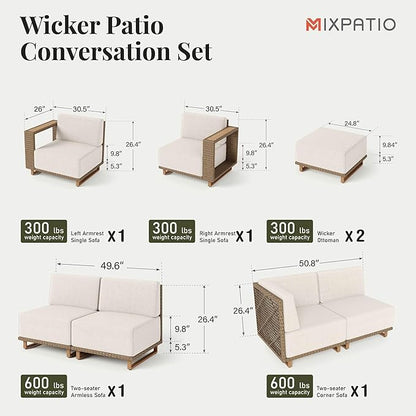 8 Pieces Outdoor Patio Furniture Set, Wicker Rattan Modular Sofa Couch, Sectional Patio Conversation Set with 10" Extra Thick Cushions for Deck Backyard Lawn