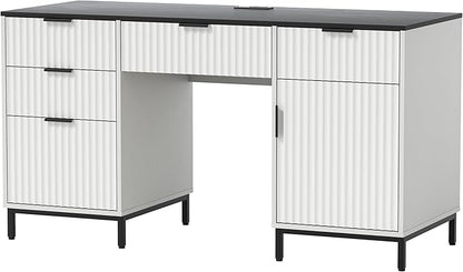 Modern Fluted Executive Desk with File Drawer, 55" Large Computer Desk with Storage and Charging Station, Wooden Home Office Desk for Workspace, Writing, Study, Black/White