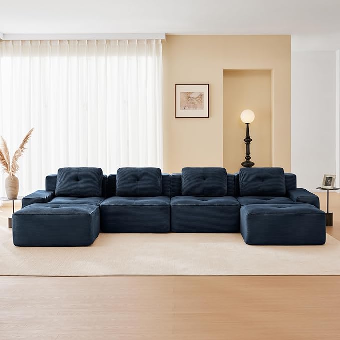 150.4” Blue Boneless Couches for Living Room, Modular Sectional Sofa with U-Shape Chaise, 4 Seater Comfy Upholstered Deep Seat Corduroy Fabric Cloud Couch No Assembly, Anti-Slip Design