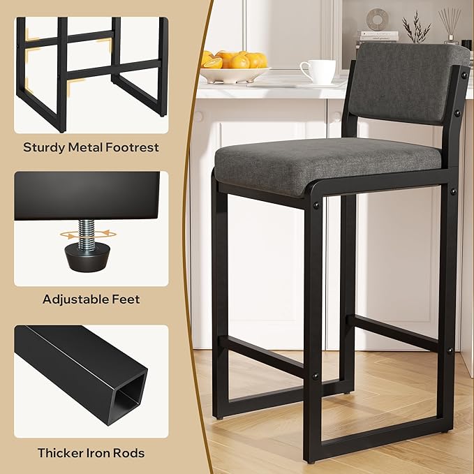 Bar Stools Set of 4, Fabric Counter Height Bar Stools with High Back and Metal Legs, Upholstered Bar Chairs, 26" Modern Barstools for Kitchen Island, Grey