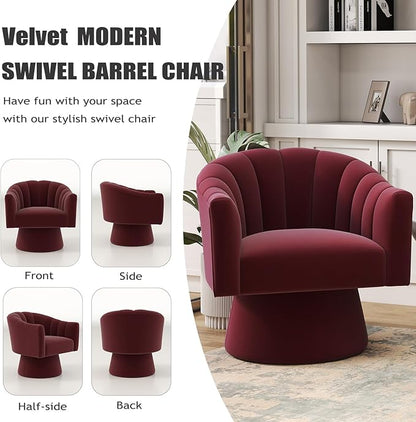 Swivel Accent Chair Set of 2, Upholstered Velvet 360° Swivel Barrel Chair for Living Room Overstuffed Bouncle Reading Chair Round Armchair for Bedroom,Vanity,Office (Red)