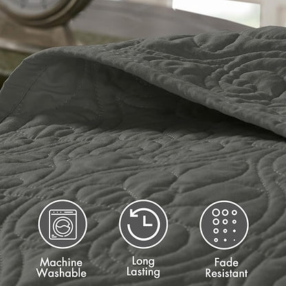 Madison Park Quebec Reversible Damask Design, Double Sided Quilting All Season, Lightweight Coverlet Bedspread Bedding Set, Matching-Shams, Queen(102"x118"), Dark Grey