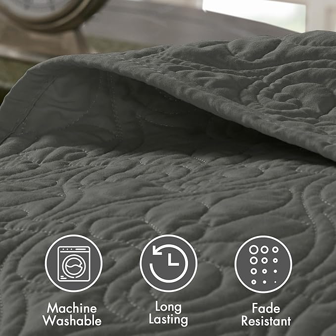 Madison Park Quebec Reversible Quilt Set Damask Design, Double Sided Stitching All Season, Lightweight Bedspread Bedding Set, Matching Sham, Dark Grey, King(120"x118") 3 Piece