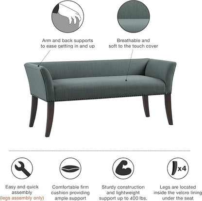 Madison Park Accent Bench, Upholstered with Nailhead Trim, & Padded Seat Entryway Bench Small, End of Bed Bench with Back, 49.5" W x 19.25" D x 23" H, Slate Blue