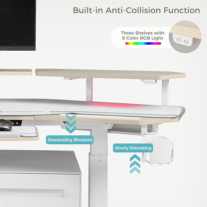 EUREKA ERGONOMIC Standing Desk with Keyboard Tray, Large Music Studio Gaming Desk, Wing Shaped Sit Stand Table 72'', LED Convertible Shelves, Dual Motor&Slot, Maple