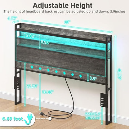 Elephance Headboard for Queen Size Bed Frame with 2 Tier Storage, with Outlets, USB and Type C Ports and LED Light, Height Adjustable, Platform Bed Headboard Only, Easy Assembly