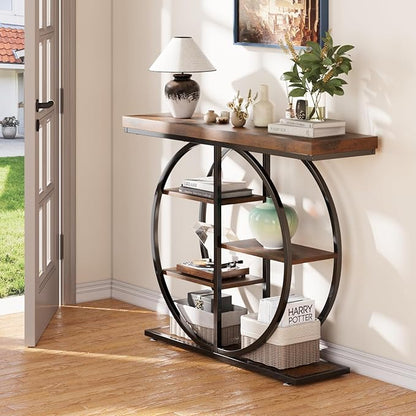 41.3" Console Table for Entryway, Industrial Hallway Sofa Table with Storage Shelves, Narrow Accent Decor Living Room Furniture with Circle Base for Foyer, Entrance, Rustic Brown