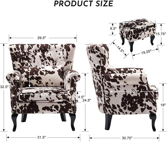 Accent Reading Arm Chairs with Ottoman Set of 2 for Living Room Bedroom, Midcentury Modern Corner Sofa Chair, Wingback Waiting Room Club Chair with Tufted Back &Lumbar Pillow, Fabric Cow