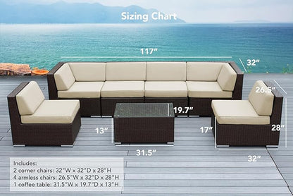 7-Piece Outdoor Patio Wicker Furniture Set, No-Assembly Sectional Sofa with Weather-Resistant Cushions, All-Weather Conversation Set (Supercrylic Turquoise)