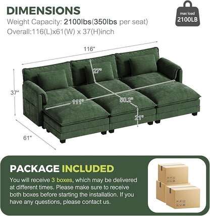 ELUCHANG 116" Luxury Modular Sectional Sofa, Comfy Deep Seat Cloud Couch, Sleeper Sofa Bed, 6 Seat Modern Couch with Removable Cover for Living Room, Apartment, DIY Combination, Chenille Olive Green