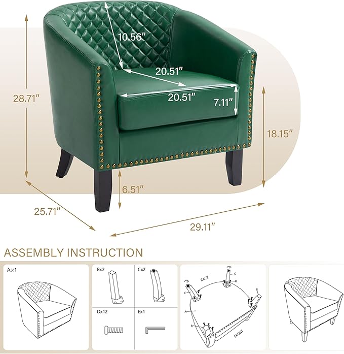 Pia Ricco Faux Leather Barrel Chairs Set of 2, Modern Comfy Accent Chairs, Upholstered Armchair Club Chairs with Nailhead Trim, Single Sofa Barrel Chair for Living Room Reading Room, Green