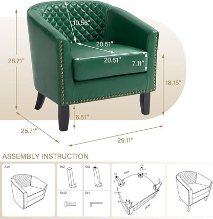Pia Ricco Faux Leather Barrel Chairs Set of 2, Modern Comfy Accent Chairs, Upholstered Armchair Club Chairs with Nailhead Trim, Single Sofa Barrel Chair for Living Room Reading Room, Green