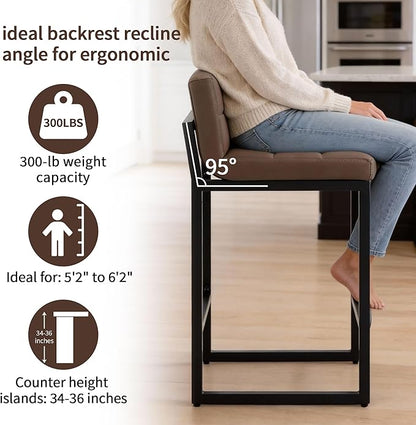 Bar Stools Set of 3, Upholstered PU Leather Counter Height Barstools with Low Back and Thickened Metal Legs, Modern Chairs for Kitchen Island, Bar, Counter (Coffee Brown, 3Pcs 26" Bar Stools)