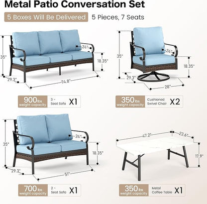 5 Piece Metal Outdoor Patio Furniture Set, Patio Conversation Sets 1 3-Seater Sofa, 2-Seater Sofa, 2 Swivel Sofa with 5.75" Thick Cushion & Coffee Table Black Backyard Furniture, Blue