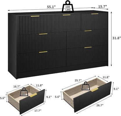 Black Dresser with 7 Drawer - 55” Wide Fluted Dresser for Bedroom with Metal Handle, Chest of Drawer, Wood TV Stand for Bedroom, Living Room, Black