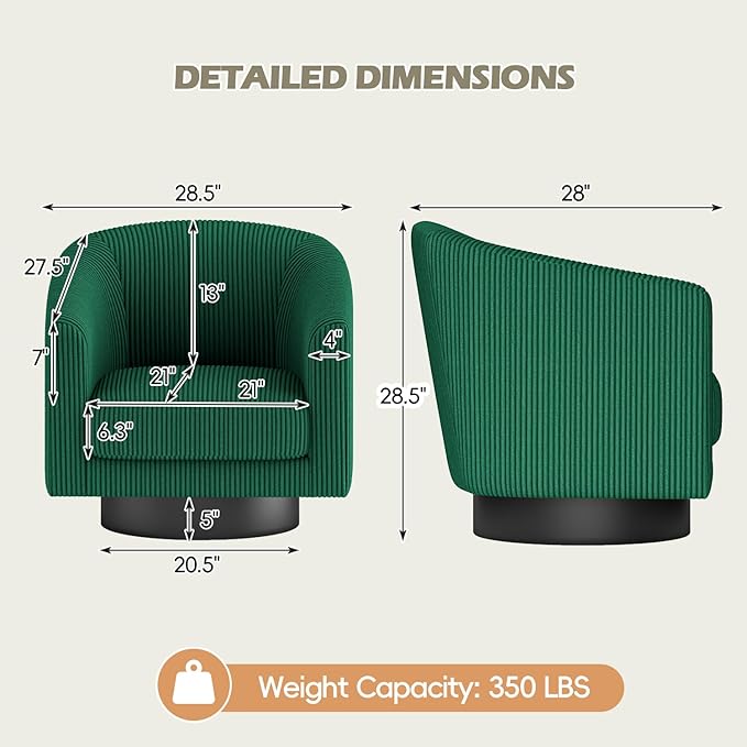 360° Swivel Accent Chairs Set of 2, Modern Bucket Chair, Corduroy Barrel Armchair, Comfy Boucle Chair, Single Sofa for Living Room Bedroom. Green