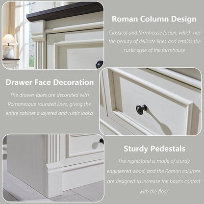 6 Drawers Dresser for Bedroom, Farmhouse 47.8" Wide Dressers & Chests of Drawers w/Roman Column, Wood Rustic Closet Dresser with Two Different Drawer Sizes for Bedroom, Living Room, White