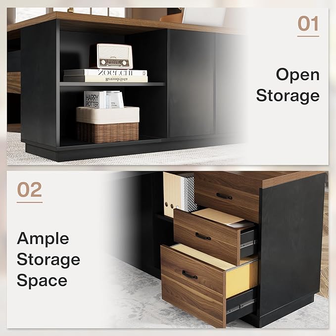 Tribesigns L-Shaped Executive Desk, 78-Inch Modern Office Desk with Drawers and Lateral File Cabinet, Large Bussiness Furniture with Storage Shelves, Workstation for Home Office (Brwon + Black)