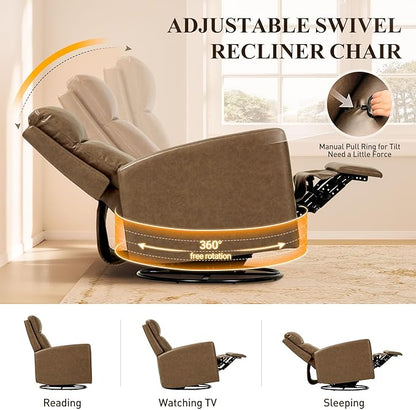 COLAMY Swivel Rocking Recliner,Wide PU Leather Glider Sofa Chair with Ergonomic High Backrest for Living Room,Bedroom（ Brown）