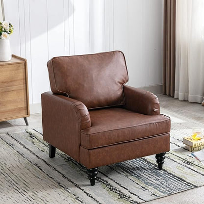 PU Leather Upholstered Accent Chairs Set of 2 Modern Single Sofa Chair with Thick Removable Back Cushion and Black Printed Legs Armchairs for Living Room/Bedroom/Reading Room, Brown