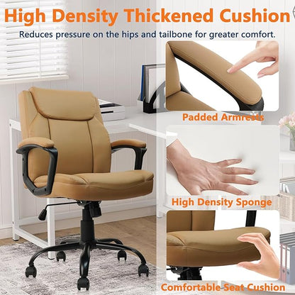 CLATINA Brown Office Chair Computer Chairs PU Leather Executive Office Chairs Swivel Adjustable Height Chair with Upholstery Fixed armrest Mid-Back Leather Thick Cushion Office Chair Brown 1Pack