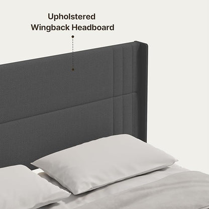 Gizoon King Size Bed Frame, Wingback Upholstered Platform Bed with Steel Frame, Wooden Slats, Noise-Free, No Box Spring Needed