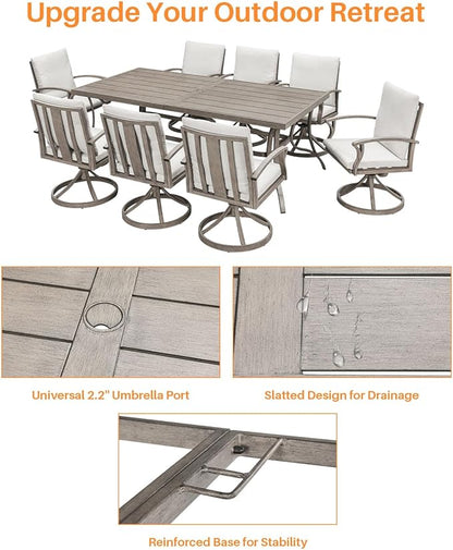 9-Piece Patio Dining Set for 8, Aluminum Outdoor Swivel Dining Set with Cushions, Outdoor Dining Set with Umbrella Hole, Patio Table and Chairs Furniture Sets for Deck, Garden Yard, Limed Oak