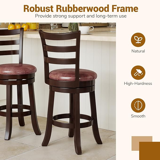 COSTWAY 26" Counter Height Stools Set of 4, Swivel High-Top Chairs with Backrest & Faux Leather Padded Seat, Rubber Wood Counter Barstools with Footrest for Kitchen, Dining Room, Pub (4,26'')