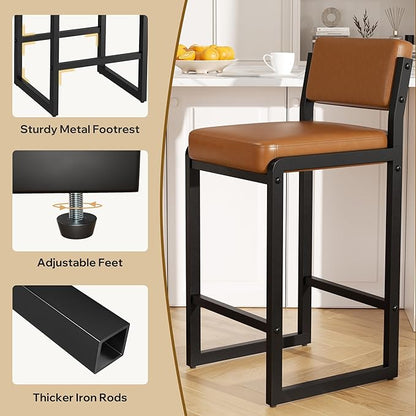Counter Stools Set of 2, Faux Leather Bar Height Stools with High Back and Metal Legs, Upholstered Bar Chairs, 26" Modern Barstools for Kitchen Island, Caramel