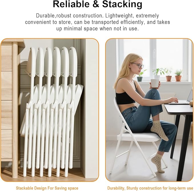 4 Pack White Folding Chairs with Padded Cushion for Outside, Portable Stackable Commercial Metal Foldable Chairs with Steel Frame for Home Events Office Wedding Party, 350lbs Capacity