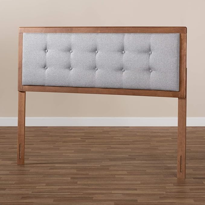 Mid-Century Marvel Fabric Upholstered Walnut Brown Finished Wood Headboard, Wall Mount Headboard Queen/Light Gray