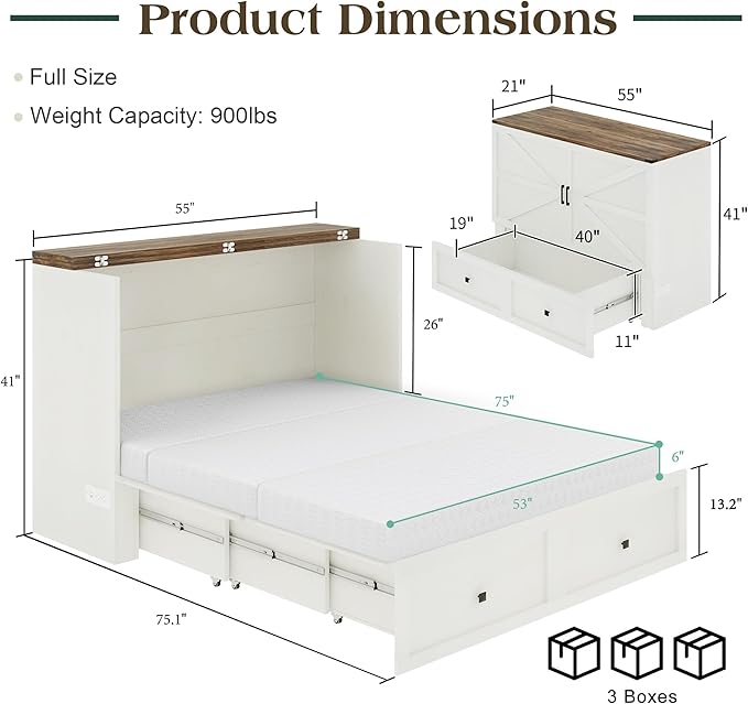 Full Murphy Bed with 6" Tri-Fold Memory Foam Mattress, Storage Drawer & Charging Station, Space-Saving Design for Home Office or Guest Room, White