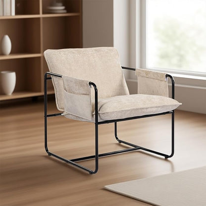 Modern Accent Chair Set of 2 Comfortable Living Room Chairs with Armrests, Bedroom Reading Chair, Chenille Upholstered Lounge Metal Chair