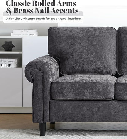 Kingfun 3 Seater Couch with Chair, Mid Century Modern Sofa Set with Rolled Arms and Deep Seats, Fluffy Comfort for Living Room, Apartment, Easy Assembly, Grey