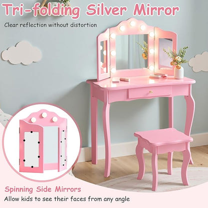 Kids Vanity Set, Kids Vanity Table and Chair Set with Stool and Light, 2 in 1 Wooden Kids Make Up Vanity Desk, Princess Makeup Table with Drawer for Girls