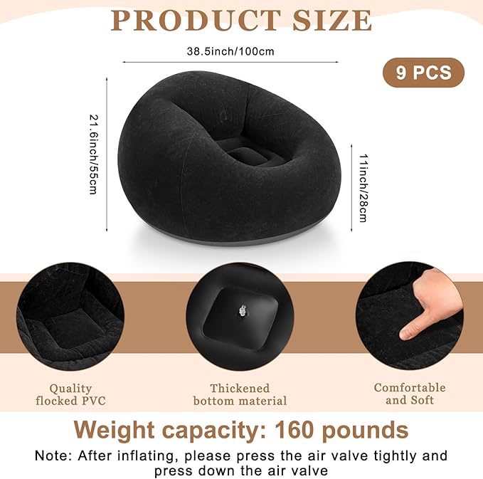 Realspring 9 Pcs Bean Bag Chairs for Adults Inflatable Chairs with Electric Air Pump,Blow up Couch Folding Portable Inflatable Couch Lazy Sofa for Reading Living Room Camping (Black)