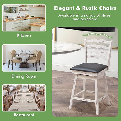 COSTWAY Bar Stools Set of 4, 25” 360° Swivel Counter Height Chairs with Rubber Wood Frame, Cushioned Seat, Ergonomic Backrest & Footrest, Wooden Upholstered Barstools for Kitchen Island (4, 25”)