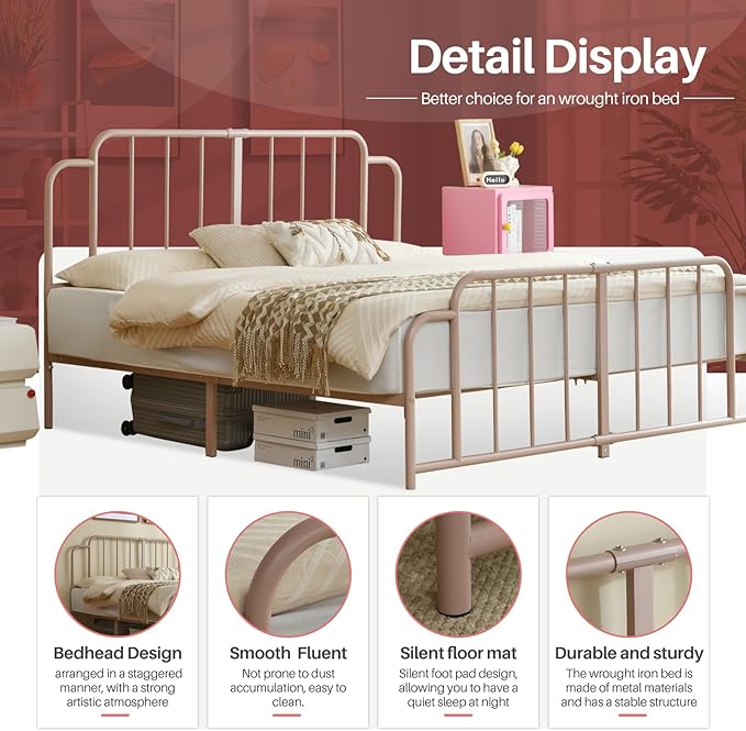 PINJU Metal Platform Bed Frame with Headboard and Footboard, Classic Style, Sturdy Metal Slats, No Box Spring Needed, Easy Installation (Pink, King)