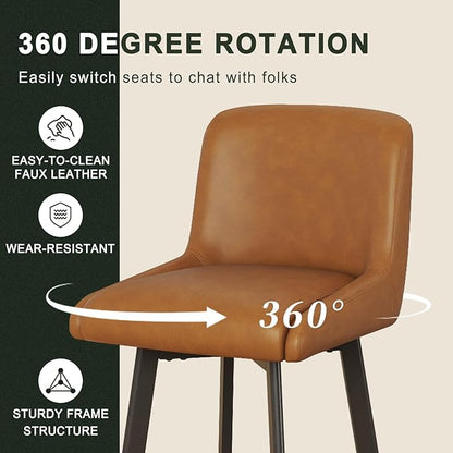 Swivel Counter Height Bar Stools Set of 3, 30''H Upholstered Barstools with Backs, Modern Bar Stool Chairs for Kitchen Island, Metal Legs, Faux Leather, Whiskey Brown Stools Counter Chair