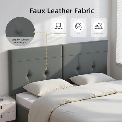 King Headboard Only with Adjustable Metal Legs, Faux Leather Upholstered Headboard King Size, Modern Stylish Headboard with Sunken Dot Design, Sturdy Bed Headboard for Bedroom, Gray